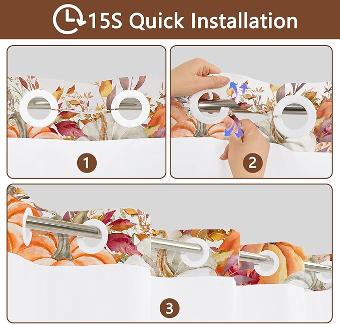 Fall Pumpkin No Hook Shower Curtain and Liner Set, Watercolor Orange Double Layers Waterproof Fabric Shower Curtain, Autumn Pumpkins with Eucalyptus Leaves Farmhouse Bathroom Curtains, 71x74 Inch