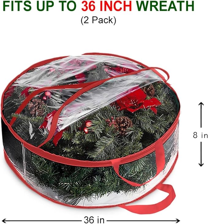ProPik Christmas Wreath Storage Bag 36" - 2 Pack Clear Christmas Wreath Storage Container - Garland Holiday Artificial Wreath Storage Holder - Water Proof Transparent Clear PVC (36 Inch, Red)