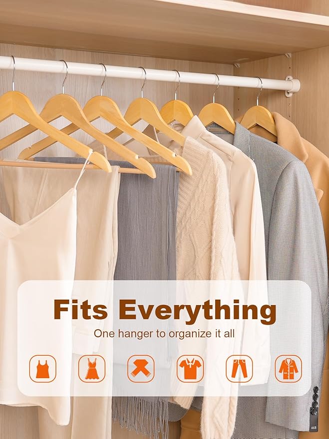 HOUSE DAY Wooden Hangers 10 Pack, Solid Wood Hanger with Non Slip Pant Bar, Heavy Duty Wooden Coat Hanger for Closet, Smooth Finish Wood Clothes Hangers for Shirts, Suits, Jackets, Dress, Natural