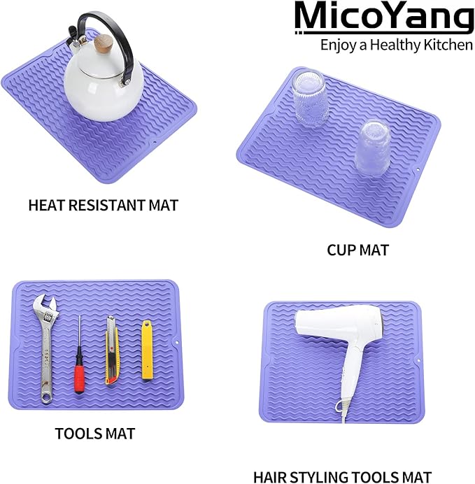 MicoYang Silicone Dish Drying Mat for Multiple Usage,Easy clean,Eco-friendly,Heat-resistant Silicone Mat for Kitchen Counter or Sink,Refrigerator or drawer liner Light Purple L 16 inches x 12 inches
