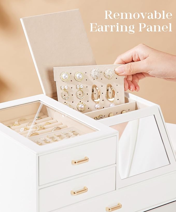 Homde Women Mirror Jewelry Box: Organizer Case with Clear Lid for Ring Necklace Earring - Birthday Gift for Young Women (White)