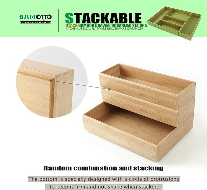 BAMOTTO CRAFTBAMBOO Stack Bamboo Drawer Organizer Set of 5, Kitchen Utensil, Flatware&Silverware Organizer-Wood Laminated Stackable for Kitchen, Bedroom, 13.4''x4.5''*2+10.2''x3.3''*2+10.2''x6.7''*1