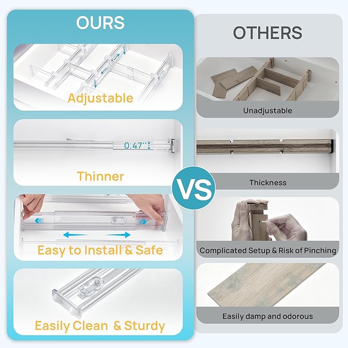 Vtopmart 2.36” Drawer Dividers with Expandable Inserts, 12.8"-22.3" Adjustable Kitchen Drawer Organizer, Clear Plastic Organizer Separator for Flatware, Utensil, Cutlery, 8 Dividers with 14 Inserts