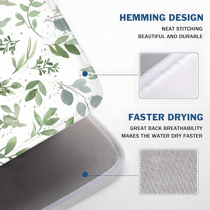ABSOP Spring Summer Sage Green Leaves Dish Drying Mat 16 x 18 Inch Spring Eucalyptus Leaf Dish Drainer Rack Mat Absorbent Microfiber for Holiday Kitchen Coffee Dining Bar Decor