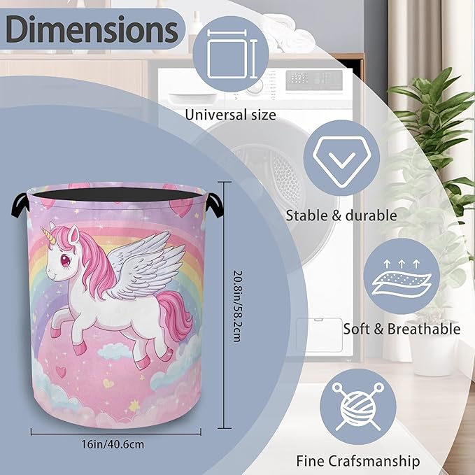 Cute Unicorn Laundry Basket,Rainbow Foldable with Handles Tote Bag Oxford Cloth for Bathroom Bedroom Dirty Clothes Storage Bucket 16" x 20.8"