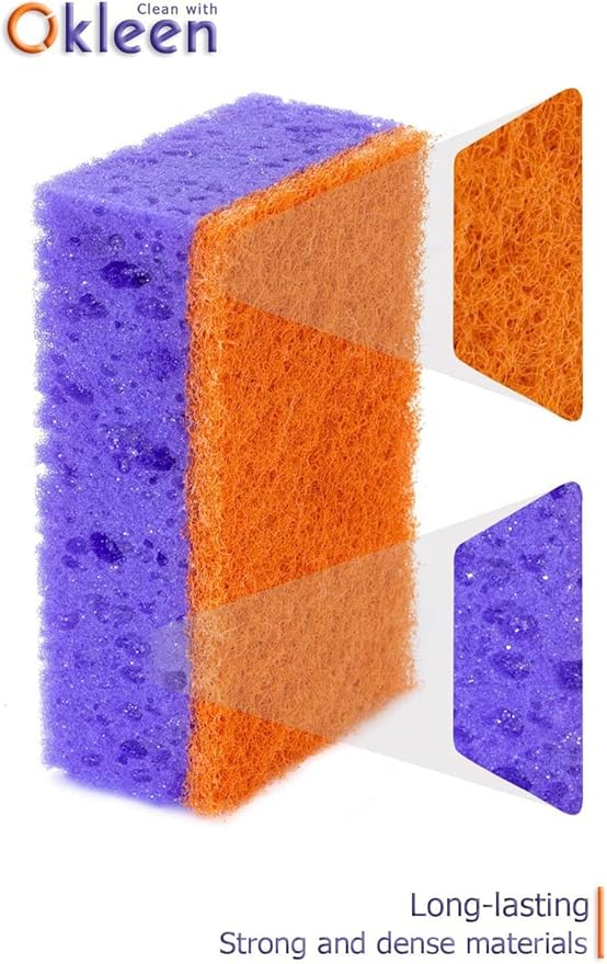 Okleen Purple and Orange Multi Use Scrub Sponges. Made in Europe. 18 Pack, 4.3x2.8x1.4 inches. Heavy Duty & Non Scratch Fiber. Odorless, Durable, Delicate, Rinse Clean Violet Scrubber