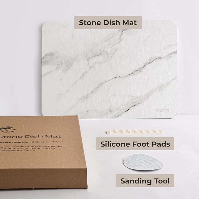 Stone Drying Mat for Kitchen Counter, Multi-Purpose Stone Dish Drying Mat, Water-Absorbent Quick Dish Drying Stone for Kitchen Counter for Cups Dishes Bottles (15.7” L x 11.8” W) - Marble Sandstone