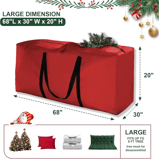 Christmas Tree Storage Bag - Extra Large 420D Tree Storage Holiday Bags for Disassembled Artificial Trees (Fits 9ft-12ft), Waterproof Double Zippers and Durable Handle, 68"L x 30"W x 20"H, Red,2 Pack