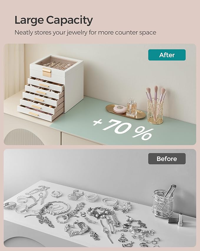 SONGMICS Jewelry Box Organizer with Glass Lid, 6-Layer Jewelry Storage, with 5 Drawers, Modern Style, 8 x 9.1 x 9 Inches, Cloud White and Gold Color UJBC176W01