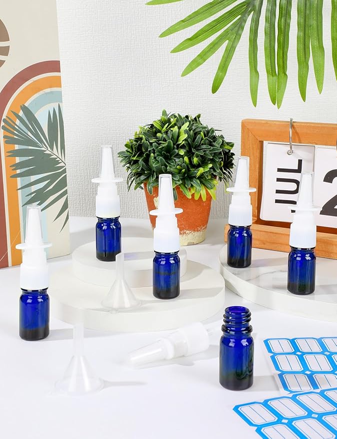 ZHWKMYP 10 Pcs Nasal Spray Bottle, 5ML/0.17OZ 6 Pcs Blue Fine Mist Glass Empty Refillable Nasal Spray Bottle with 2 Funnels and 2 Labels