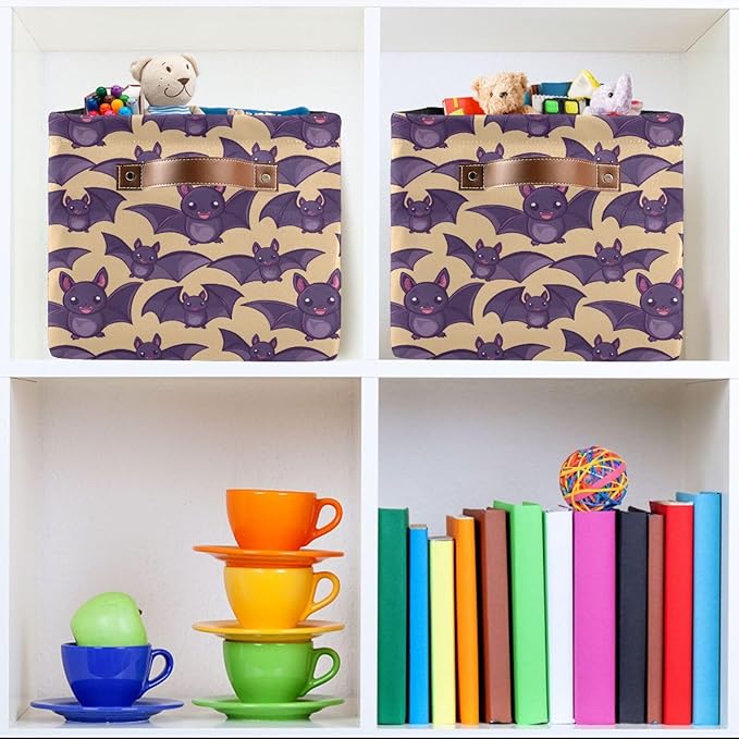 ALAZA Bat Halloween Yellow Foldable Storage Box Storage Basket Organizer Bins with Handles for Shelf Closet Living Room Bedroom Home Office 2 Pack