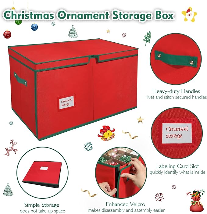 Large Christmas Ornament Storage Box with 6 Drawer Style Trays Fits 54 of 4" Ornament Balls - Side Opening, Christmas Container Perfect for Holiday Decorations, 600D Oxford Fabric Tear-Proof