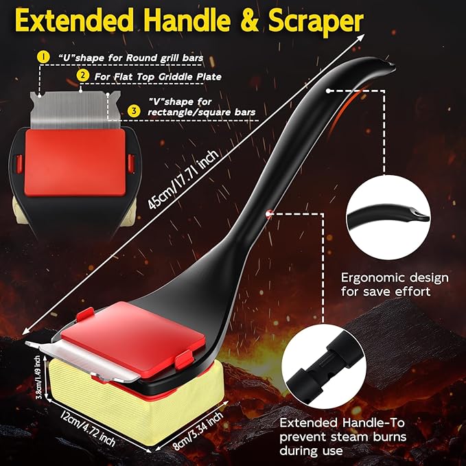 Bristle Free Grill Brush with Scraper, 4 Replaceable Cleaning Head BBQ Grill Cleaning Brush, Dishwasher-Safe Grill Cleaner Tool for Gas,Charcoal,Ceramic,Cast Iron & Stainless-Steel Grates