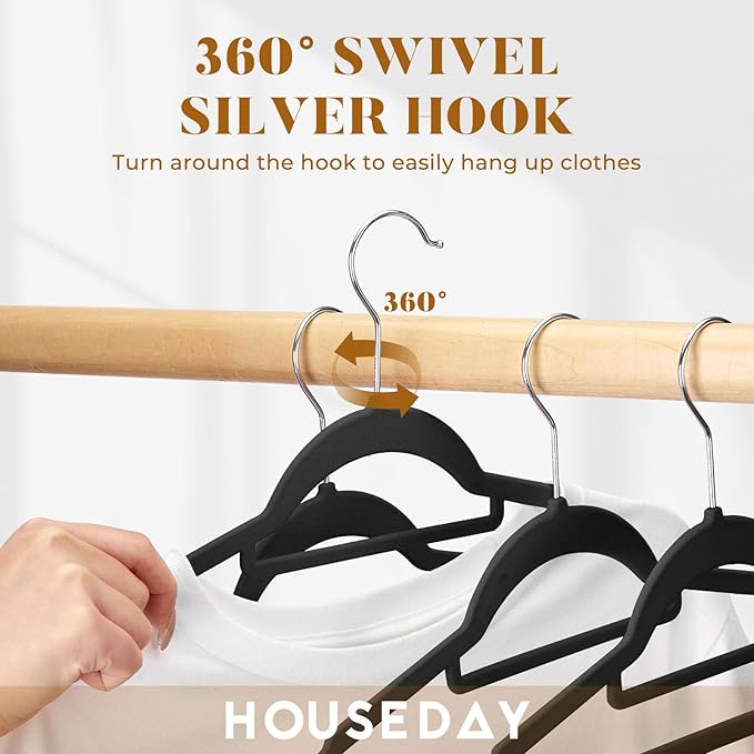 HOUSE DAY Velvet Hangers 20 Pack, Non-Slip Hangers with Tie Bar, Premium Standard Clothes Hanger Slim Felt Hanger 360° Swivel Hook for Closet Organized Storage，Elegance Black 72g/Pc