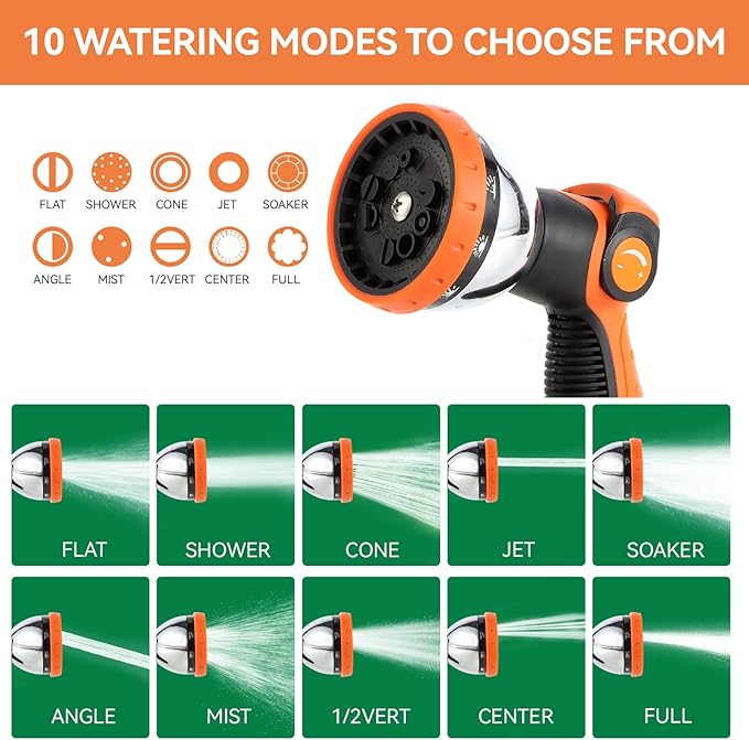 AnyEasy Garden Water Hose Nozzle Metal Heavy Duty Sprayer Thumb Control with 10 Spray Modes Suitable for Watering Plants, Iawn and Garden, Car Washing, Cleaning, Showering Pets and Outdoor Fun, Orange