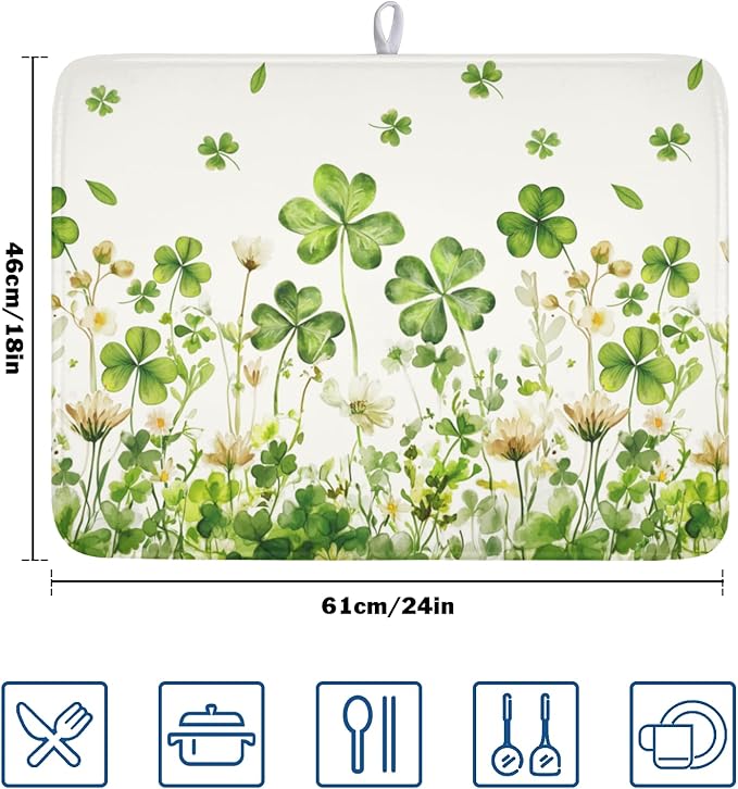 ABSOP St Patrick's Day Dish Drying Mat 18 x 24 Inch Green Clover Dish Drainer Rack Mat Absorbent Microfiber Mats for Shamrock Dish Pad Spring Lucky Dish Pad for Kitchen Bar Decor