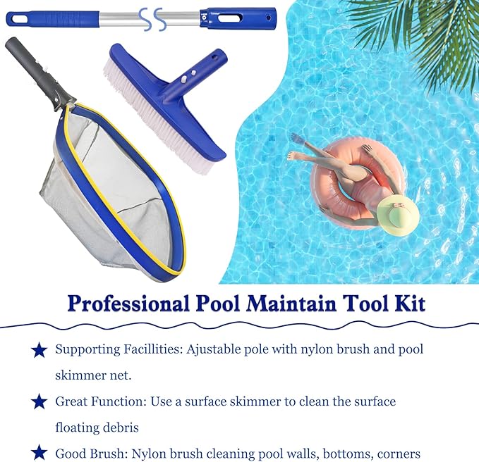 Poolvio Swimming Pool Cleaning Kit, 14'' Brush Head & 50'' Telescopic Aluminum Pole with Fine Mesh Skimmer Net - Perfect for Above Ground Pools, Spas, Hot Tub Fountains Blue (PK0140)