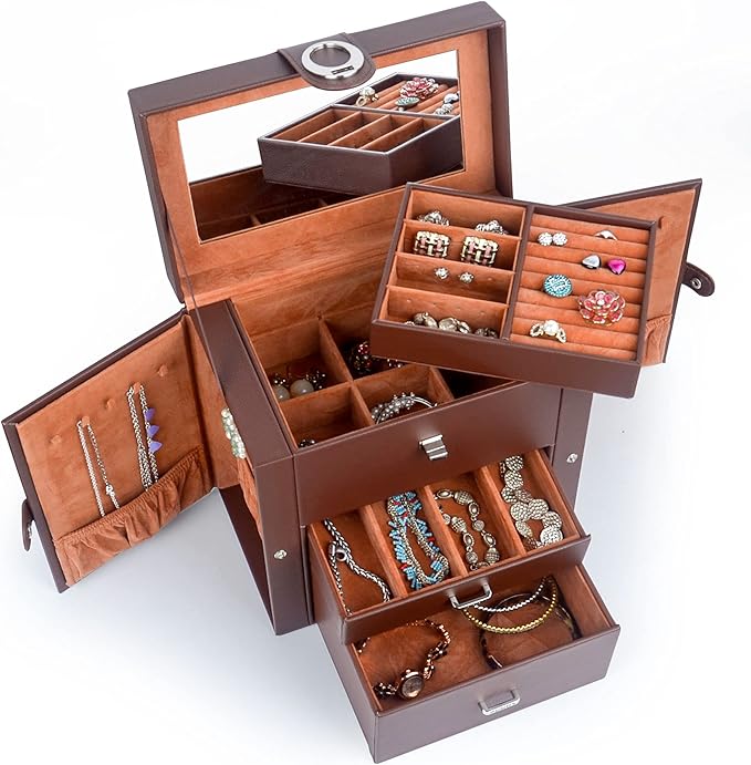 Kendal Jewelry Box for Women, Leather Jewelry Organizer with 2 Drawers and Mirror, Portable Travel Case for Necklace, Ring, Jewelry LJC08BRN