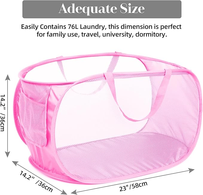 Durable Collapsible Laundry Baskets, Mesh Pop Up Laundry Hamper with Side Pocket, Foldable Clothes Storage Hamper with Reinforced Carry Handles for Laundry, Bathroom, Kids Room, Dorm or Travel Pink