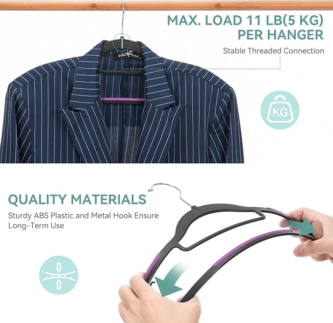 Pack of 50 Coat Hangers, Space-Saving Plastic Clothes Hangers, Non-Slip, 0.2 Inches Slim, 360° Swivel Silver Hook for Shirts, Pants, Suit & Wet/Dry Garments, Purple and Black