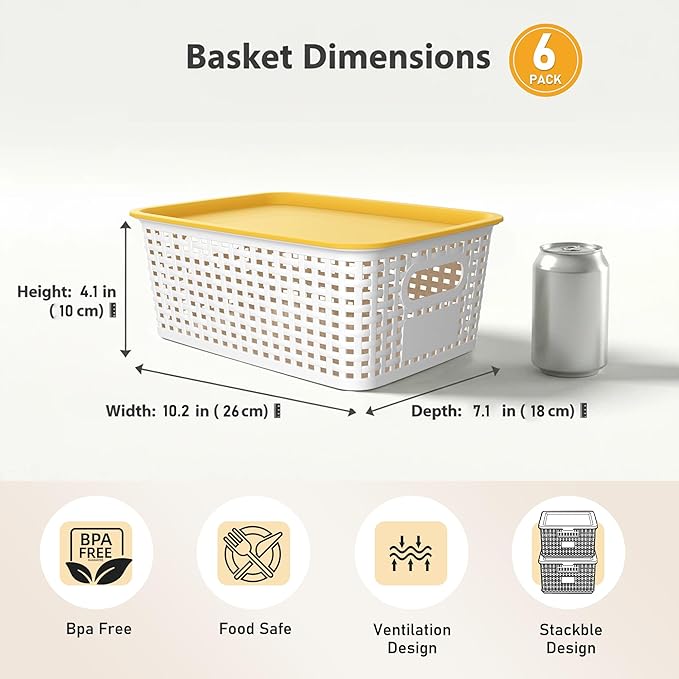 AREYZIN Small Plastic Storage Bins with Lids, 6-Pack Stackable Pantry Organizers and Storage Containers for Shelves, Closet Organization, Drawer Organizer Bins,White & yellow lids