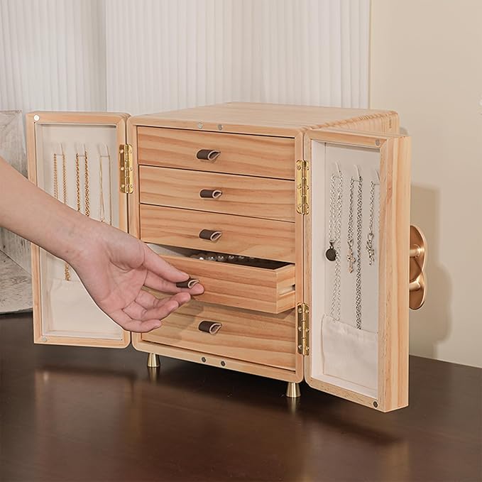 Jewelry Box for Women Girls, Wooden Jewelry Box Organizer Functional With Drawers, 5 Layers Jewelry Organizer for Earring, Ring, Necklace, Bracelets