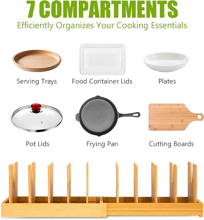 VKDDM Pots and Pans Organizer for under Cabinet - Expandable Bamboo Pot Lid Organizer, Bakeware and Cutting Board Organizers, Drawer Pot Lid Holder Rack for Kitchen Organizers and Storage