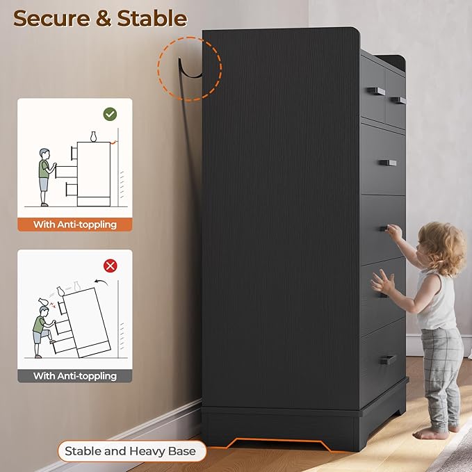 Hasuit Black 6 Drawer Dresser, Wooden Storage Chest of 6 Drawers, Vertical Large Capacity Clothing Storage Organizer, Tall Dressers for Bedroom, Hallway, Entryway
