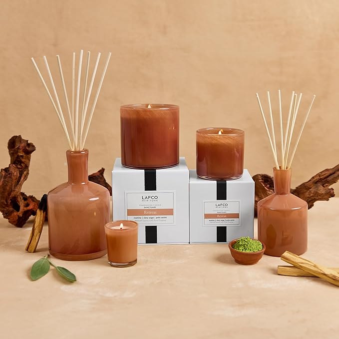 LAFCO New York Signature Reed Diffuser, Retreat - 15 oz - Up to 9 Months Fragrance Life - Reusable, Hand Blown Glass Vessel - Natural Wood Reeds - Made in The USA