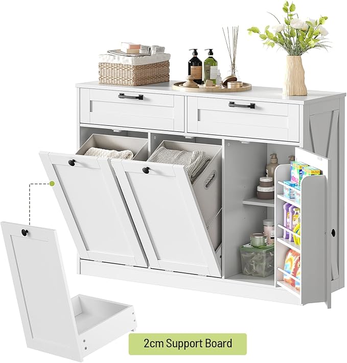 Double Tilt Out Laundry Hamper Cabinet, 43.3" Laundry Storage Cabinet with 2 Removable Baskets, Farmhouse Wooden Hidden Trash Bin Cabinet with Open Shelving, for Bathroom, White