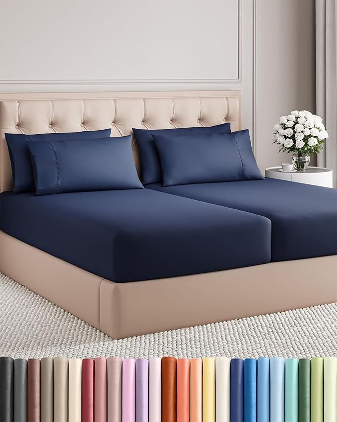 Split King 7 Piece Sheet Set - Comfy Breathable & Cooling - Soft Hotel Luxury Bedding Set with 8-16 Inch Deep Pockets - 1 Flat & 2 Fitted Sheet & 4 Pillowcases - Wrinkle Free & Easy Care - Navy Blue