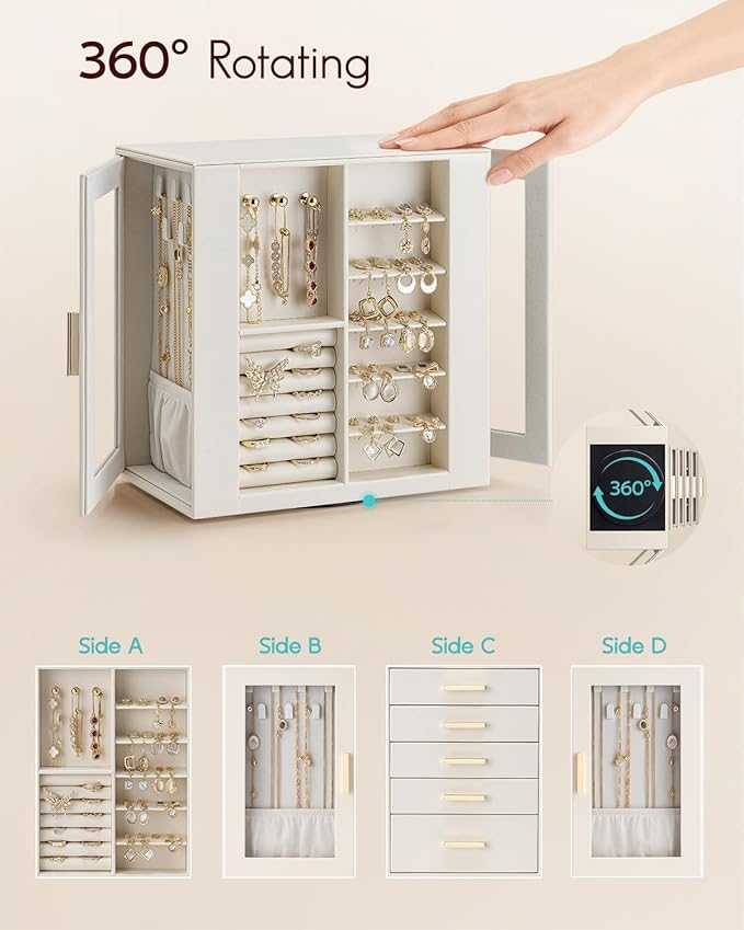 Vlando 360° Rotating Jewelry Box with 5 Drawers, Large Jewelry Storage with 2 Glass Window, PU Leather Jewelry Organizer for Bracelets, Necklaces, Earrings, Rings - Cloud White