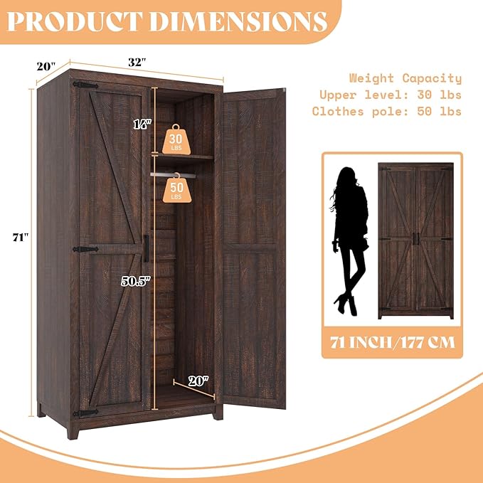 AMERLIFE Farmhouse Armoire Wardrobe Closet with 2 Barn Doors, 71'' Storage Cabinet with Hanging Rod & Shelf, Versatile Clothing Storage for Bedroom, Espresso