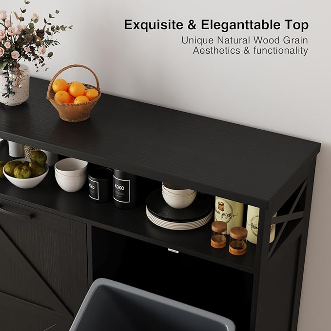 Double Tilt Out Trash Can Cabinet for 13 * 2 Gallon Garbage Can, Farmhouse Kitchen Garbage Trash Bin for Hidden Laundry Basket, Dual Dog Proof Recycling Cabinet for Dining Living Room, Black