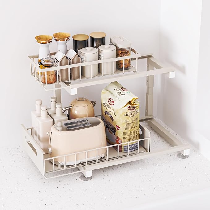 Toyear Under Sink Organizer, Heavy Duty Metal Pull Out Cabinet Organizer Slide Out Sink Shelf Organizer Height Adjustable, Multi-Purpose Storage Shelf for Kitchen Bathroom(Sand,2Pack)