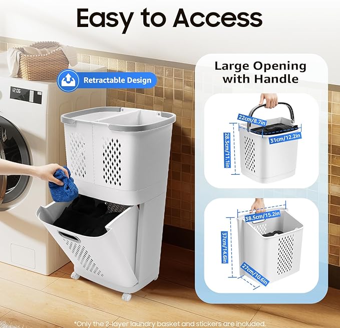 Laundry Basket, 2-Tier 3 Basket Shelf Movable Household Bathroom Rolling Cart Organizer Clothes Storage With 4 Wheels White For Kitchens, Bathrooms, Bedrooms, Dormitories, Classrooms, Laundry Rooms