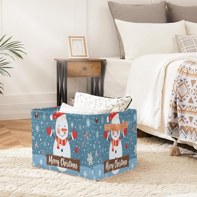 Storage Baskets Bin, Christmas Winter Snowman Collapsible Canvas Fabric Storage Bin Decorative Baskets Toy Organizer Rectangle Storage Boxes with Handles for Home Shelves Nursery, J-025