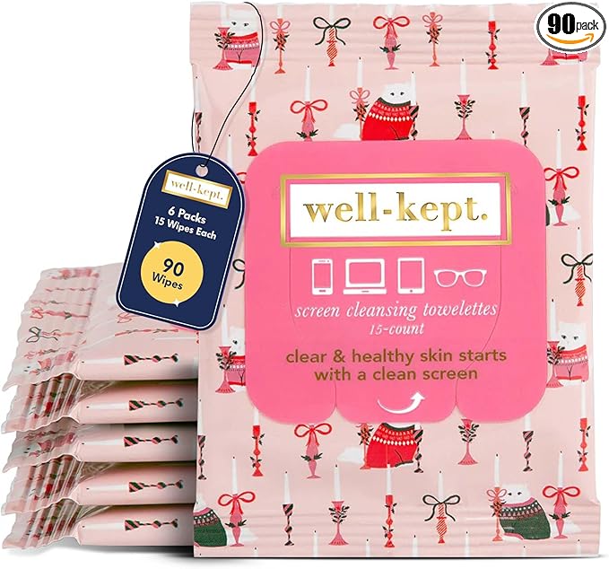 Well-Kept Tech & Lens Wipes - Eyeglass, Screen & Phone Cleaning, Multi-Surface, Lint-Free, Pre Moistened, Streak-Free & Non Scratching - Choupette, 6 Pack (90 Count)