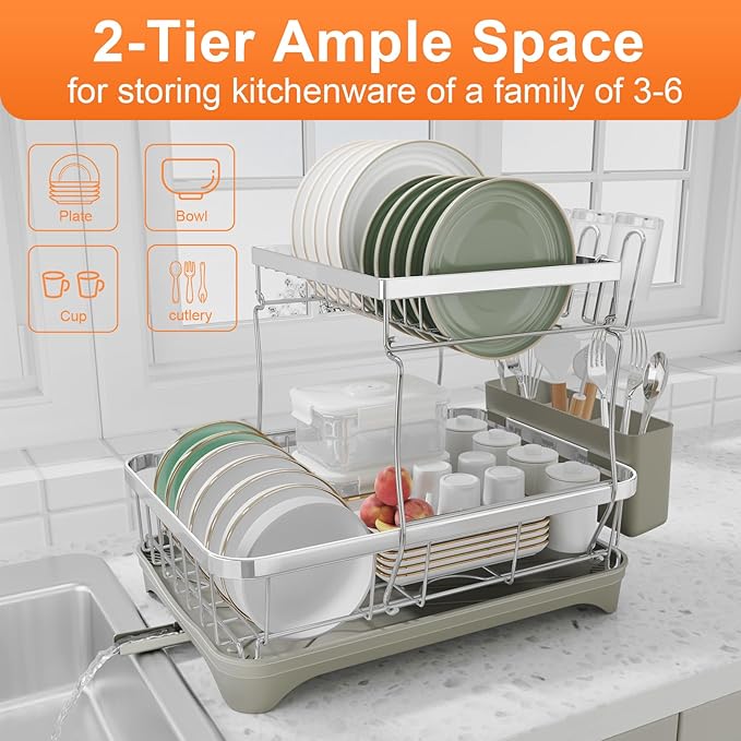HOMEBOSILY Dish Drying Rack, 2 -Tier 304 Stainless Steel Adjustable Spout Auto-Draining Dish Rack, Space Saving Dish Drainer with Drainboard and Utensil Holder for Kitchen Counter Grey