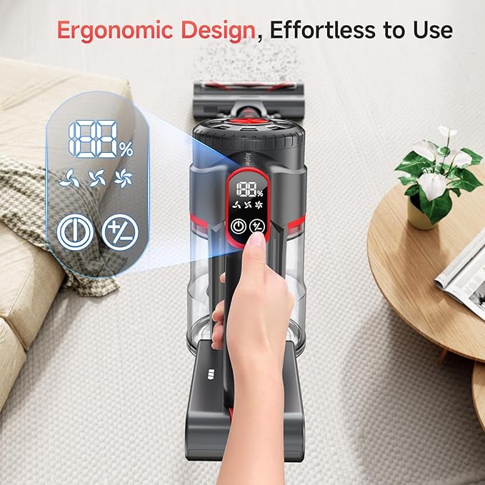 Cordless Vacuum Cleaner, 580W 60KPA Dual Motor Stick Vacuum for Home with 60mins Runtime, 6 LED Green Headlights, Self-Standing Design, V-Shaped Floor Brush for Carpet Tile Pet Hair Hardwood Floors