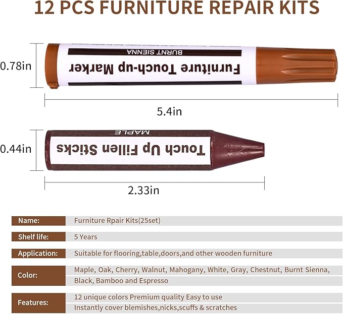 Furniture Repair Kit Wood Markers - Markers and Wax Sticks for Stains, Scratches, Wood Floors, Tables, Desks, Carpenters, Bedposts, Touch Ups, and Cover Ups (25)