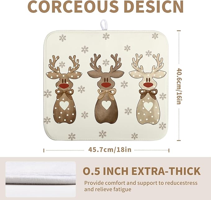 Wnoesat Christmas Reindeer Snowflakes Dish Drying Mat for Kitchen Counter 16x18 Inch Winter Xmas Holiday Drying Pads Microfiber Absorbent Dish Draining Mat Large Dish Drainer Rack Mat