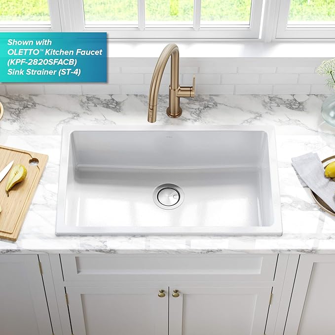 KRAUS Turino™ 30” Drop-In Undermount Fireclay Single Bowl Kitchen Sink with Thick Mounting Deck in Gloss White, KFD1-30GWH