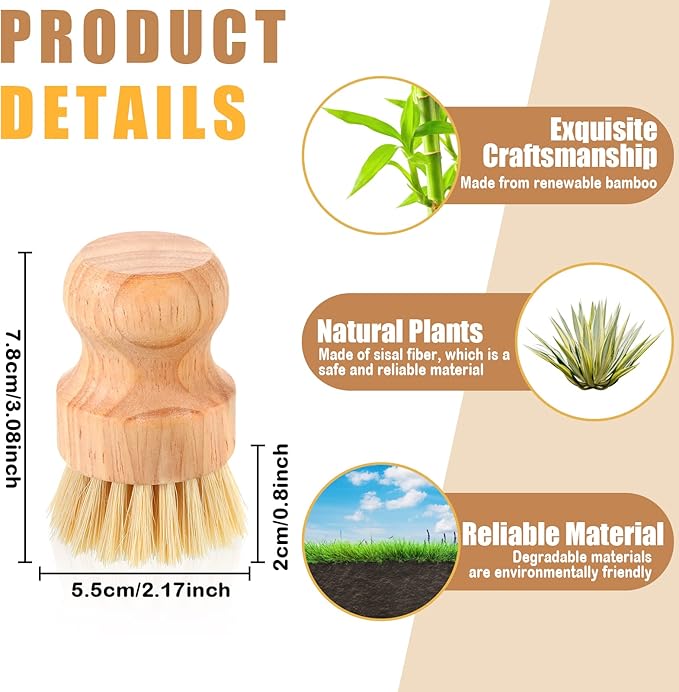 Nuenen 30 Packs Bamboo Dish Scrub Brushes Wooden Scrubbers Set Kitchen Dishwashing Scrubber with Natural Sisal Bristles for Iron Pot Pan Sink