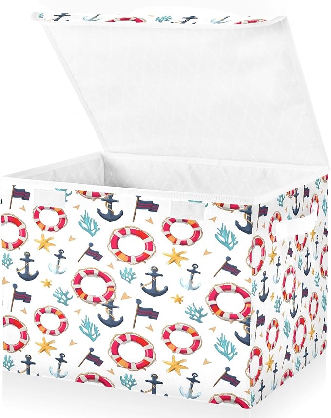 Bolaz Storage Bins with Lids and Handles,Flag Coral Starfish Anchor Life Buoy Pattern Storage Box Basket with Cover Collapsible Organizer Containers for Home Closet, Shelves