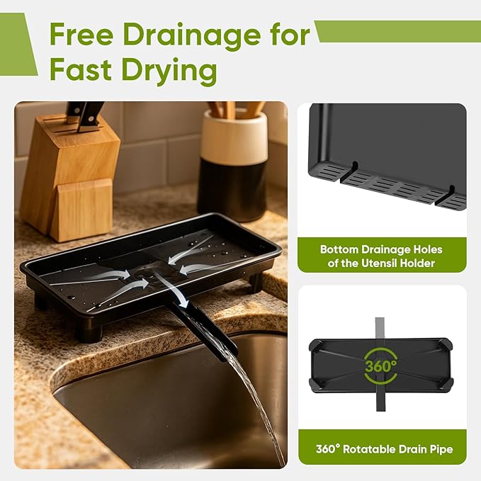 VUSIGN Small Dish Drying Rack with Drain, Compact Dish Rack, Slim Dish Drainers for Kitchen Counter, Extendable Spout Strainers with Removable Utensil Holder, Space Saving, Black