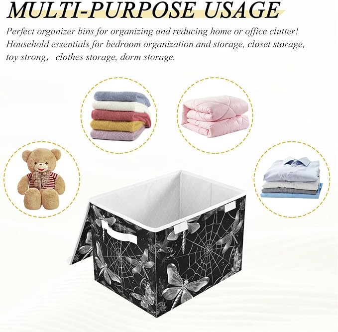 senya Halloween Baskets Collapsible Storage Bins with Lids, Spider Webs Dragonflies Storage Boxes Clothes Baskets for Organizing, B06D22020