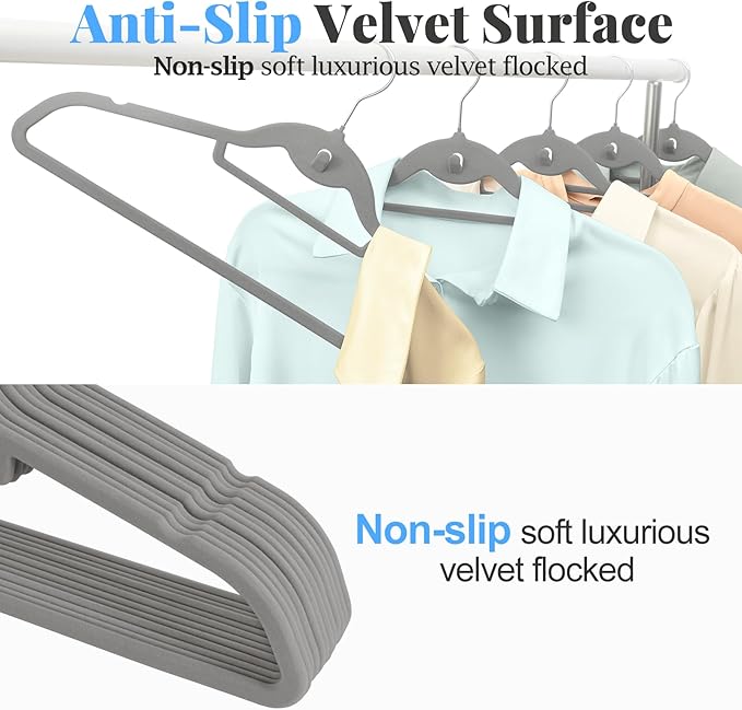 UEAKPIC Velvet Felt Stackable Hangers 50 Pack, Non Slip, with 360° Swivel Hook, Ultra Thin and Space Saving for Suits, Shirts, Coats, 15Lbs Capacity Heavy Duty, Gray