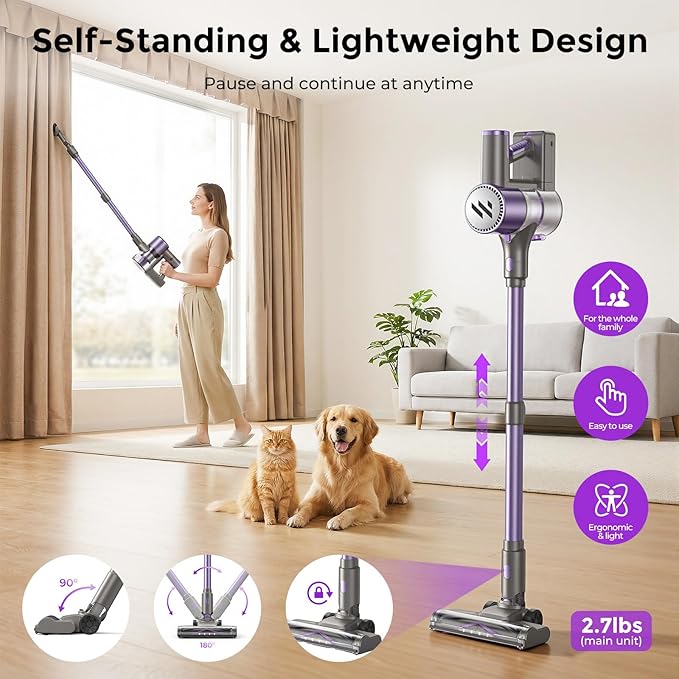 MBTTODF Cordless Vacuum Cleaner,Vacuum Cleaner for Home with Brushless Motor,Lightweight Stick Vacuum with Self-Standing and Touch Screen,Hardwood Floor Vacuum for Pet Hair,Carpets,Tile(Purple)