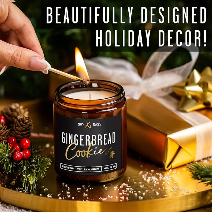 Gingerbread Candle, Christmas Candles Scented – ‘Gingerbread Cookies’ Soy Candle, w/Gingerbread, Cinnamon & Vanilla - Infused with Essential Oils I 9oz, 50Hr, Made in USA
